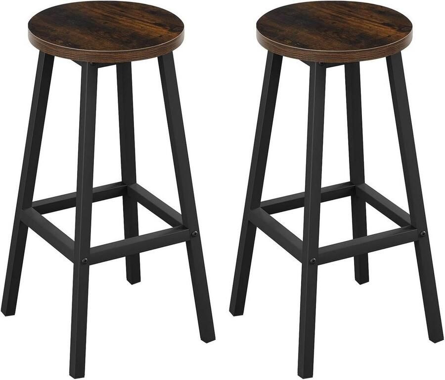Warraich -Set van 2 ronde barkrukken – vintage bruine zitting metalen frame met voetensteun voor bar of keukeneiland