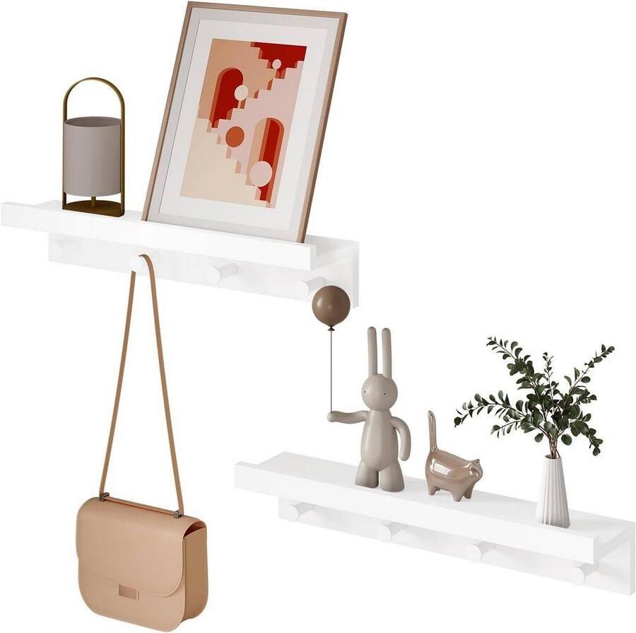 Warraich -Set van 2 wandplanken met kapstokhaken – Zwevende planken van wit MDF