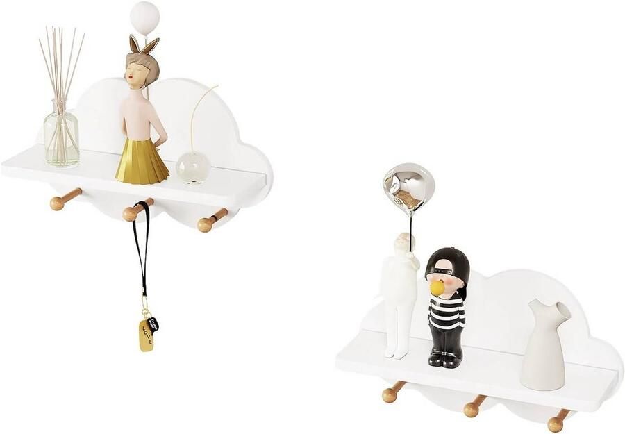 Warraich -Set van 2 Wandplanken – Wolkenplank met Kinderkapstokhaken – Wanddecoratie voor Kinderkamer – Wit