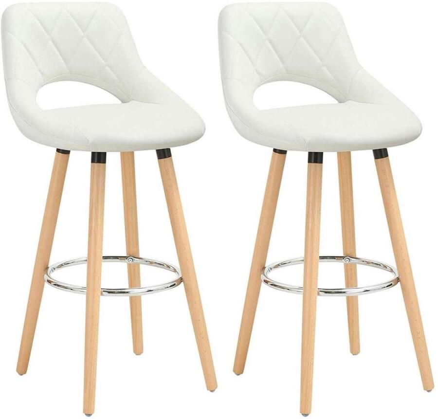 Warraich -Set van 2 Witte Barkrukken: Comfortabele Barstoelen met Rugleuning en Voetsteun Gemaakt van Hoogwaardig Kunstleer en een Stevig Houten Frame