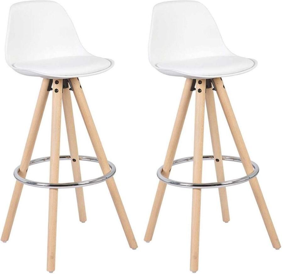 Warraich -Set van 2 Witte Barkrukken: Comfortabele Keukenstoelen met Rugleuning en Voetsteun Gemaakt van Duurzaam Kunstleer en een Stevig Houten Frame