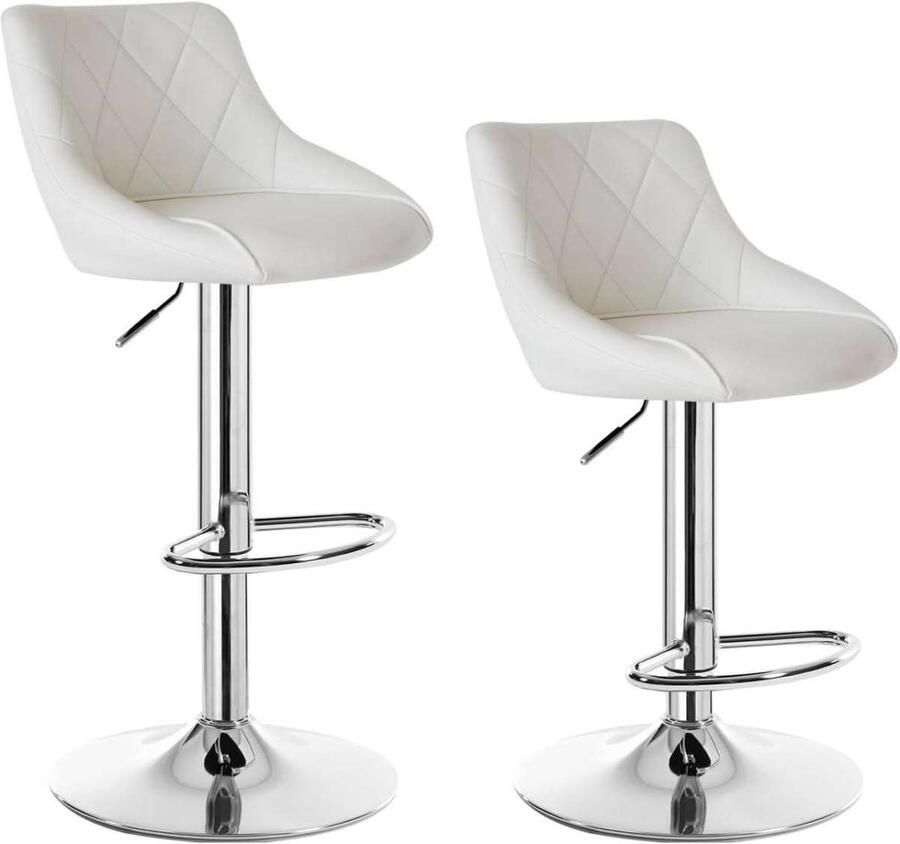 Warraich -Set van 2 Witte Barkrukken: Traploos Verstelbaar in Hoogte met Luxueuze Kunstleren Zittingen en Glanzend Verchroomd Stalen Onderstellen