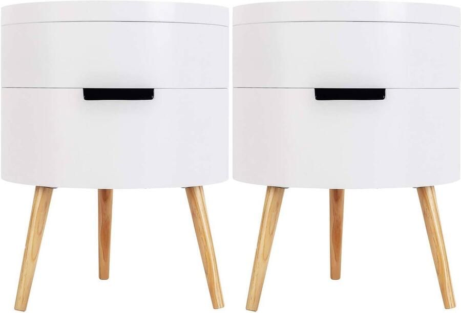 Warraich -Set van 2 witte lage tafels nachtkastjes met 2 opbergvakken – MDF en grenen modern