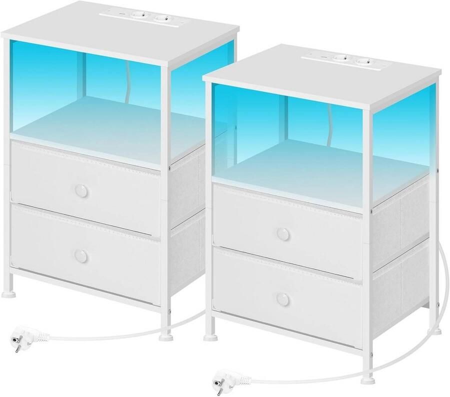 Warraich -Set van 2 witte MDF nachtkastjes – met LED-verlichting oplaadfunctie en contactdozen