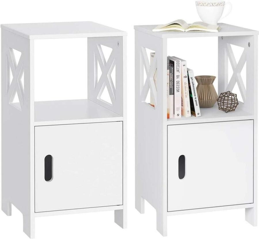 Warraich -Set van 2 witte nachtkastjes – smal model met open vak en deurtje 30x60x30 cm