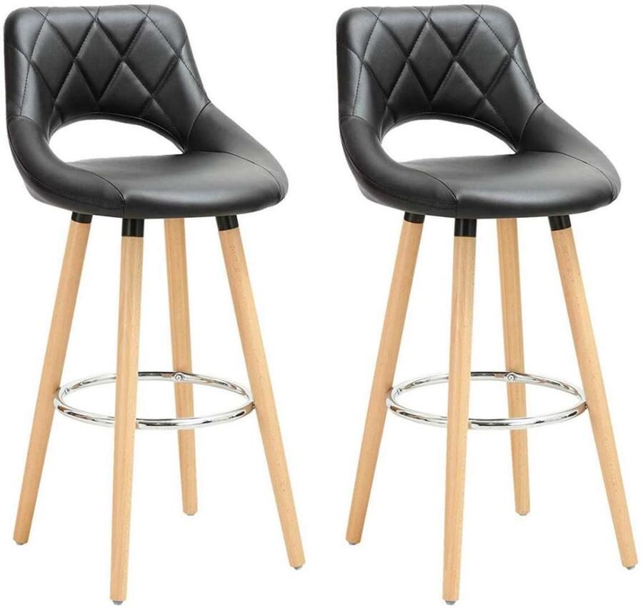 Warraich -Set van 2 Zwarte Barkrukken: Comfortabele Barstoelen met Rugleuning en Voetsteun Gemaakt van Hoogwaardig Kunstleer en een Stevig Houten Frame