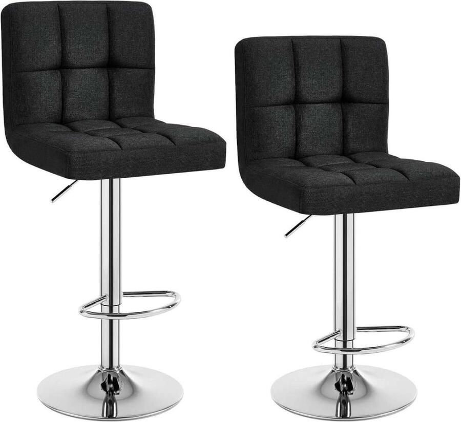 Warraich -Set van 2 Zwarte Barkrukken: Comfortabele en Draaibare Krukken met Zachte Linnen Zitting Volledig in Hoogte Verstelbaar voor Optimaal Zitcomfort