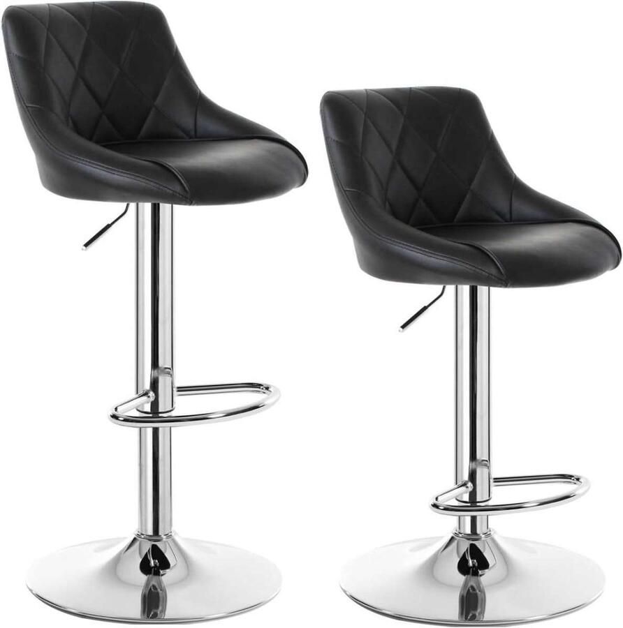 Warraich -Set van 2 Zwarte Barkrukken: Traploos Verstelbaar in Hoogte met Luxueuze Kunstleren Zittingen en Glanzend Verchroomd Stalen Onderstellen