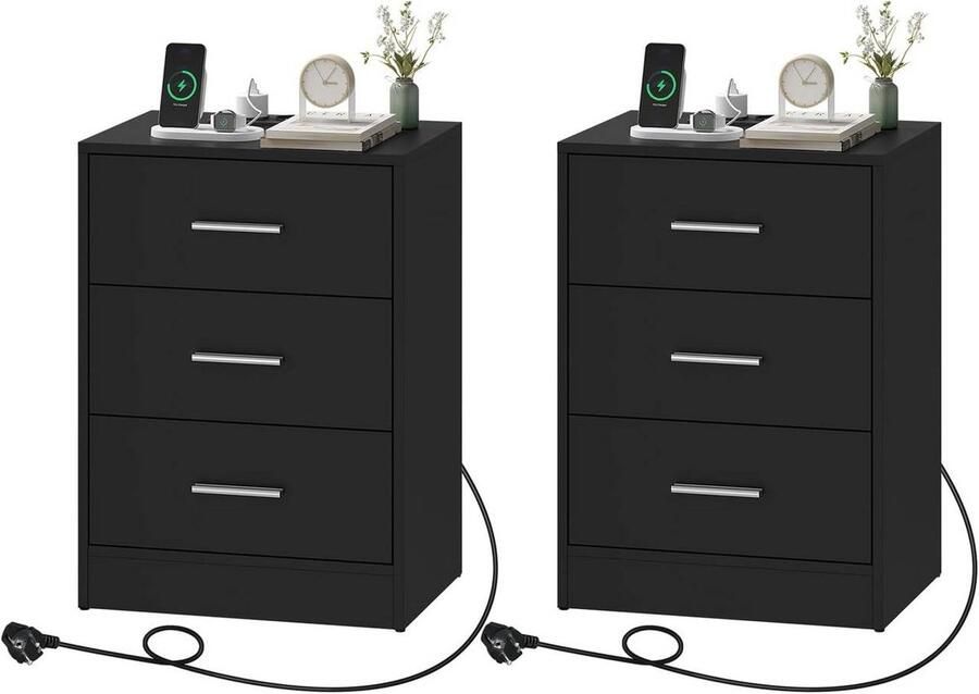 Warraich -Set van 2 zwarte nachtkastjes – modern design met oplaadfunctie contactdoos en 3 lades