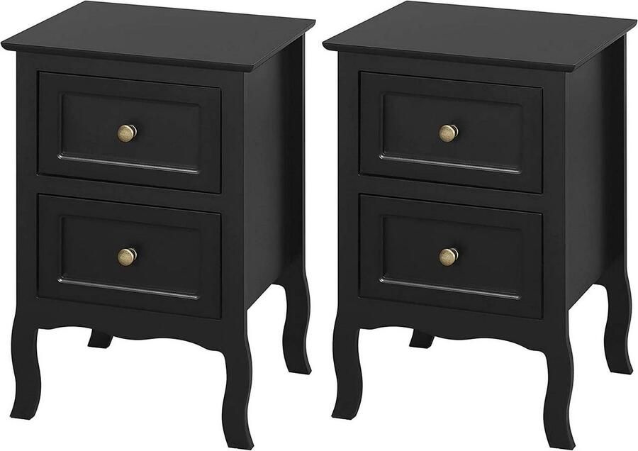 Warraich -Set van 2 zwarte nachtkastjes banktafels – barok design 2 laden MDF 40x60x30 cm