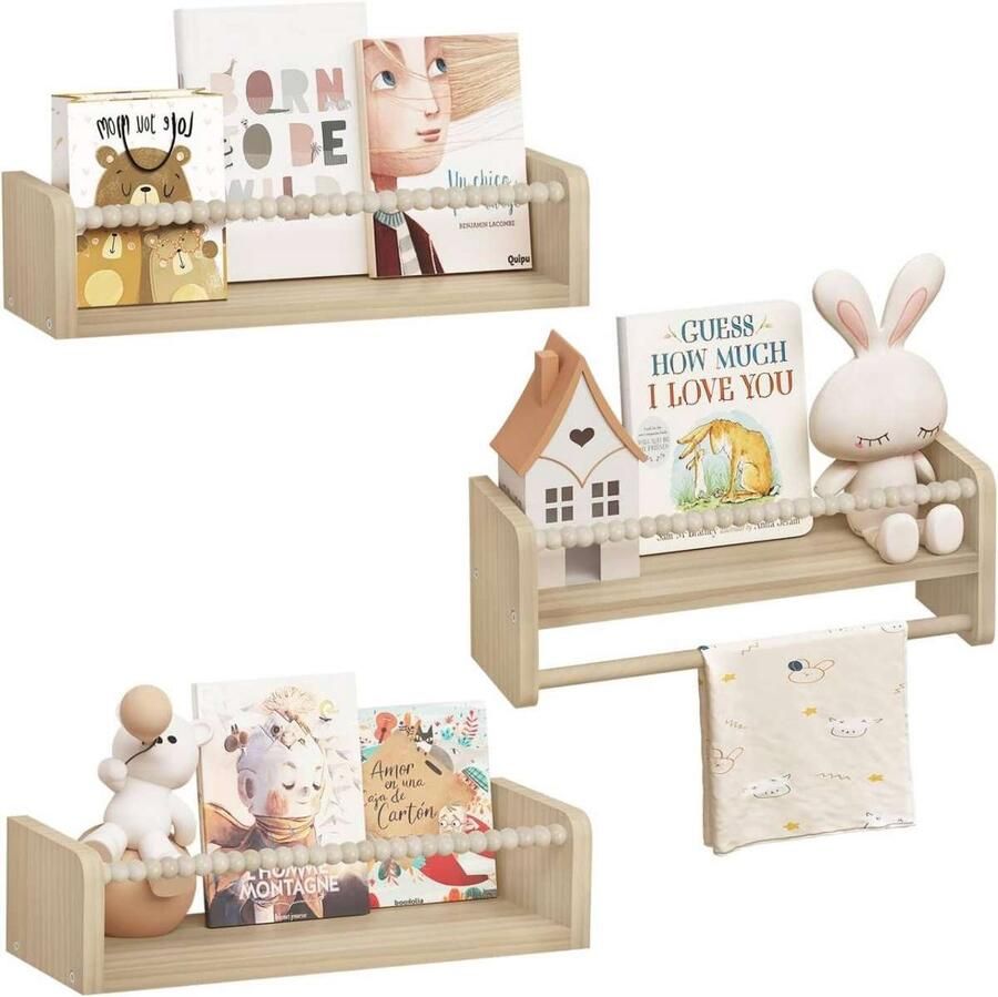 Warraich -Set van 3 Zwevende Kinderboekenplanken: Wandplanken van Massief Hout voor Boeken en Speelgoed 40x15x14 cm