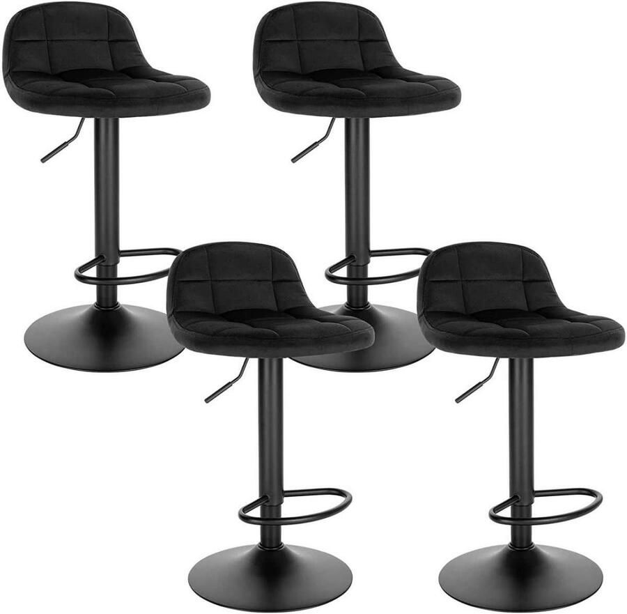 Warraich -Set van 4 Barkruk: Comfortabele Barstoelen met Rugleuning Voetsteun en 360° Draaifunctie uitgevoerd in Zwart Fluweel en Metaal