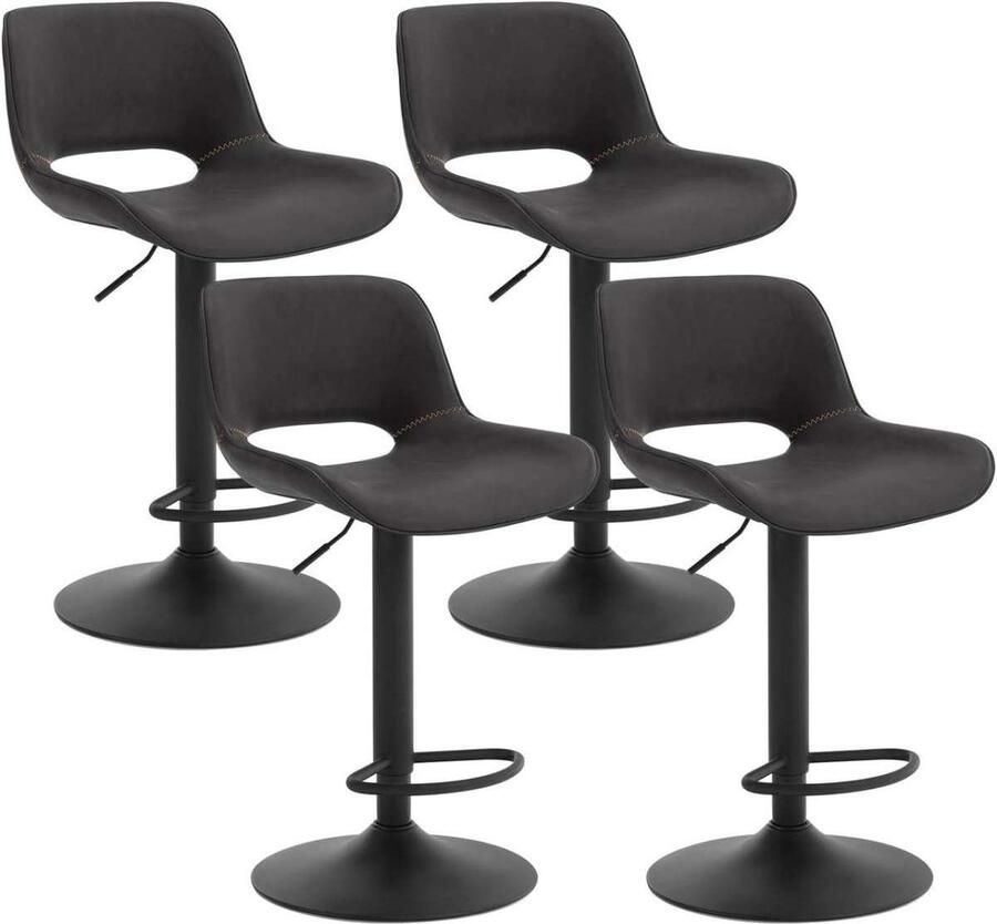 Warraich -Set van 4 barkrukken – Antraciet imitatieleer in hoogte verstelbaar met metalen frame en voetensteun