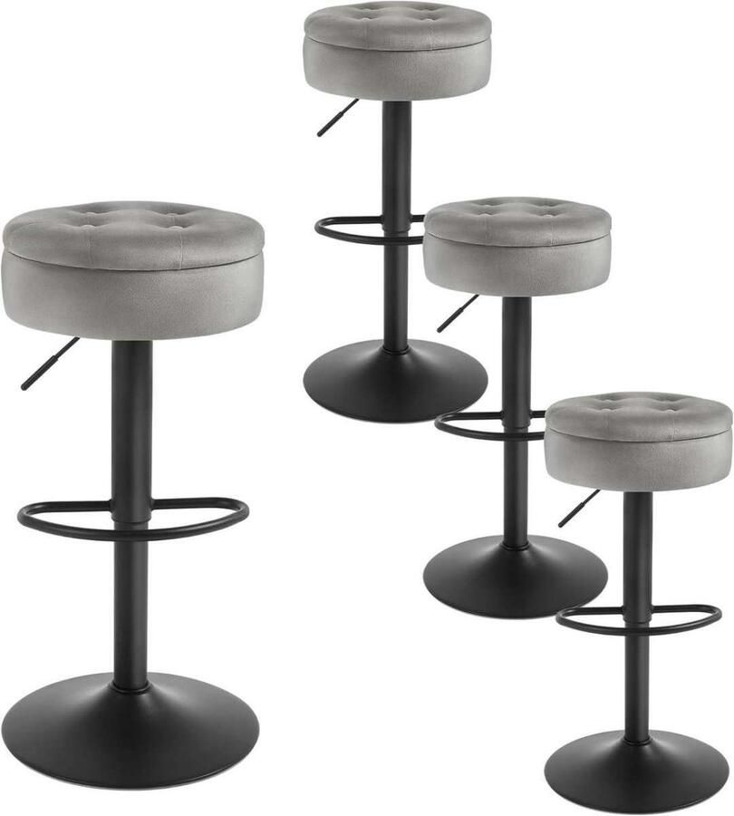 Warraich -Set van 4 barkrukken met opbergruimte – in hoogte verstelbaar 360° draaibaar fluweel & metaal lichtgrijs