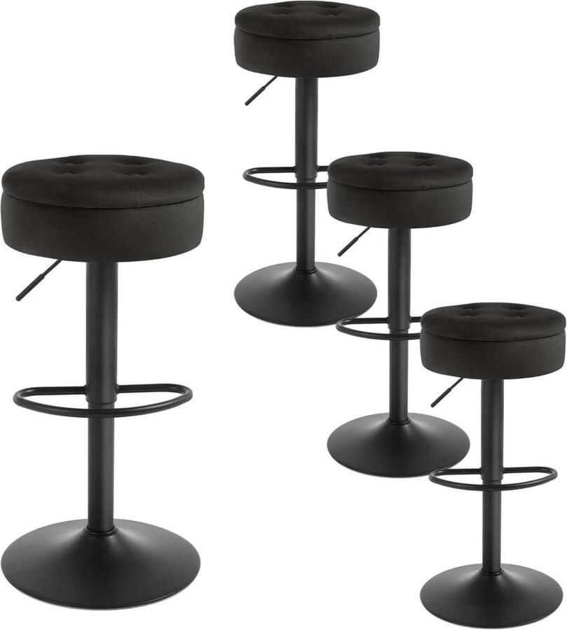 Warraich -Set van 4 barkrukken met opbergruimte – in hoogte verstelbaar 360° draaibaar fluweel & metaal zwart