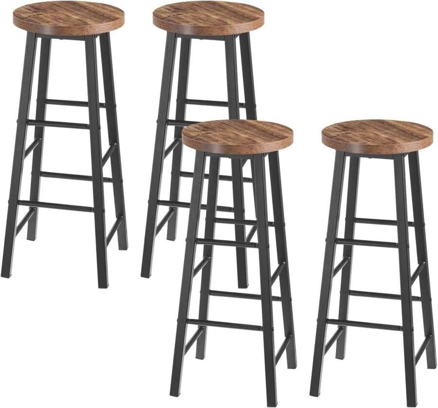 Warraich -Set van 4 Barkrukken Zwart & Vintage: Robuuste Bistro- en Counterkrukken met Stevig Stalen Frame en MDF Zitting