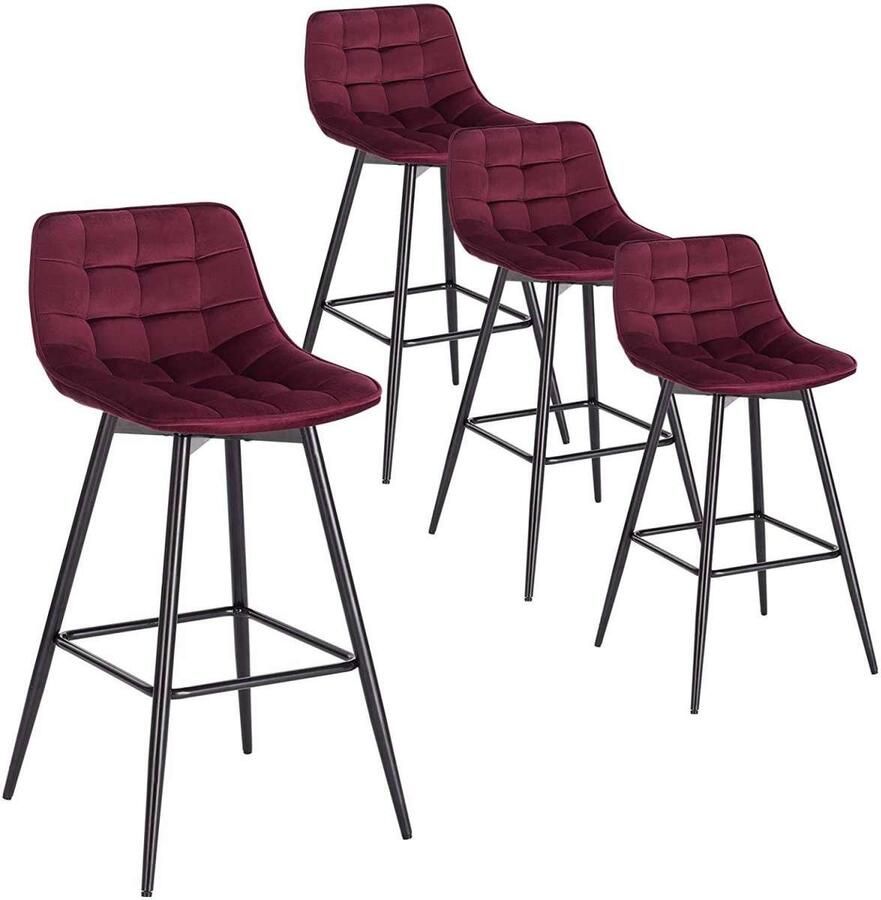 Warraich -Set van 4 Bordeaux Fluweel Design Barkrukken: Stijlvolle Balie- en Bistrokrukken met Comfortabele Voetsteun en Robuust Metalen Frame