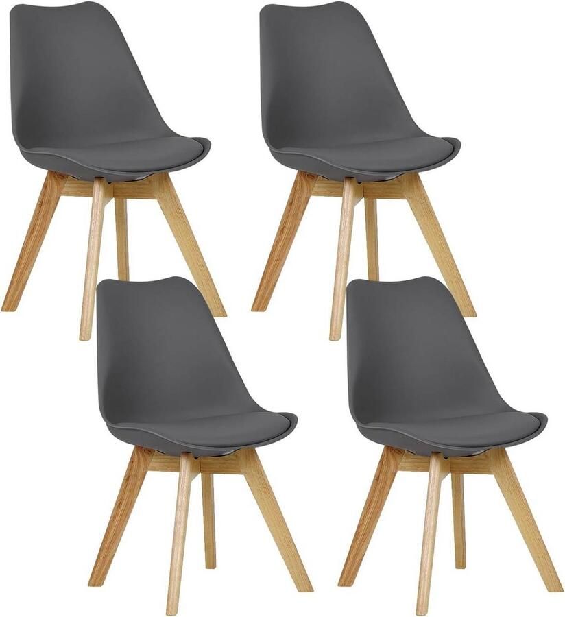 Warraich Set van 4 Design Eetkamerstoelen – Grijs Kunstleer met Houten Poten Modern en Comfortabel