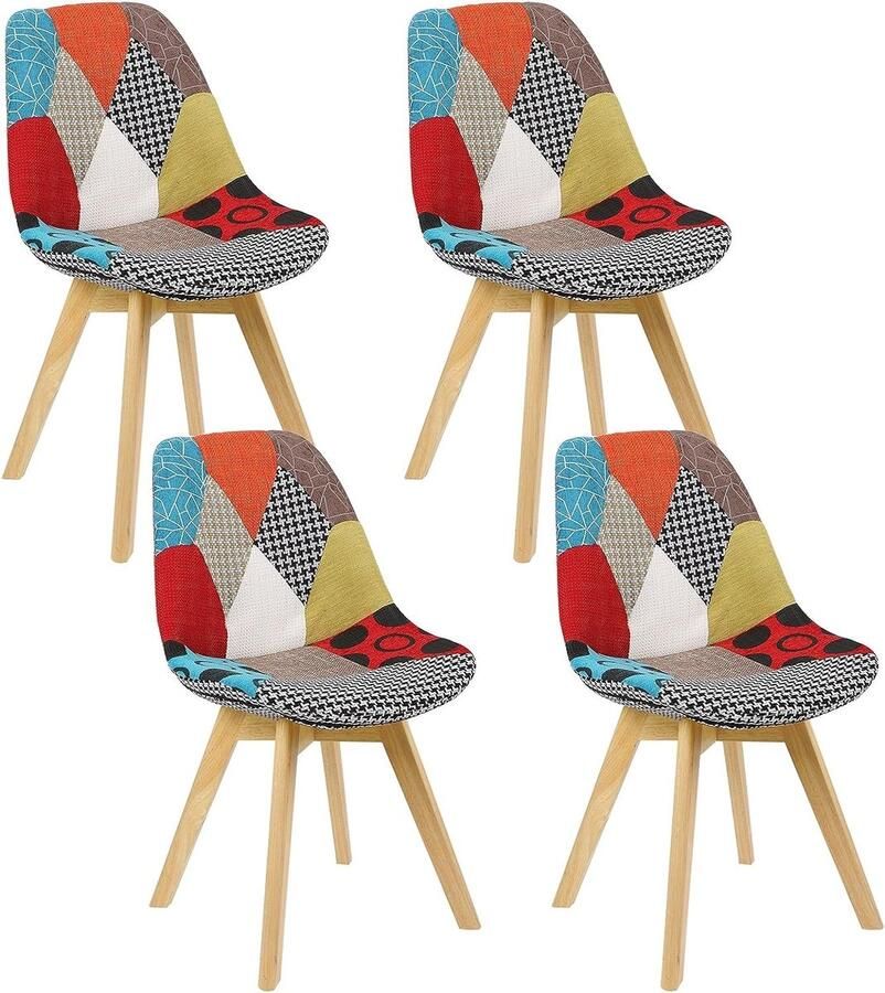 Warraich Set van 4 design eetkamerstoelen – veelkleurig linnen en houten poten