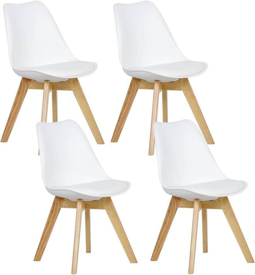 Warraich Set van 4 Design Eetkamerstoelen – Wit Kunstleer met Houten Poten Stijlvol en Comfortabel