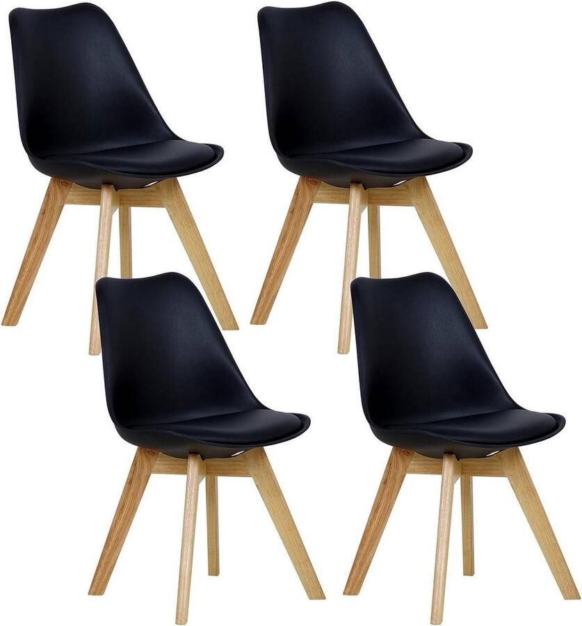 Warraich Set van 4 Design Eetkamerstoelen – Zwart Kunstleer met Houten Poten Stijlvol & Comfortabel