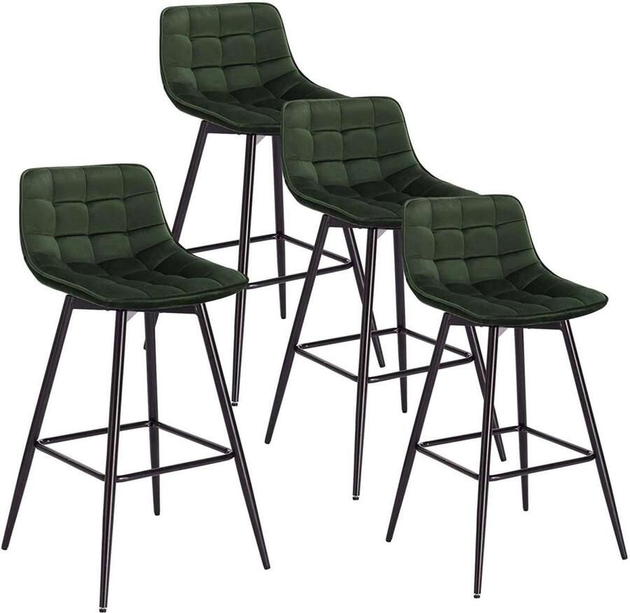 Warraich -Set van 4 Donkergroene Fluweel Design Barkrukken: Stijlvolle Balie- en Bistrokrukken met Comfortabele Voetsteun en Robuust Metalen Frame
