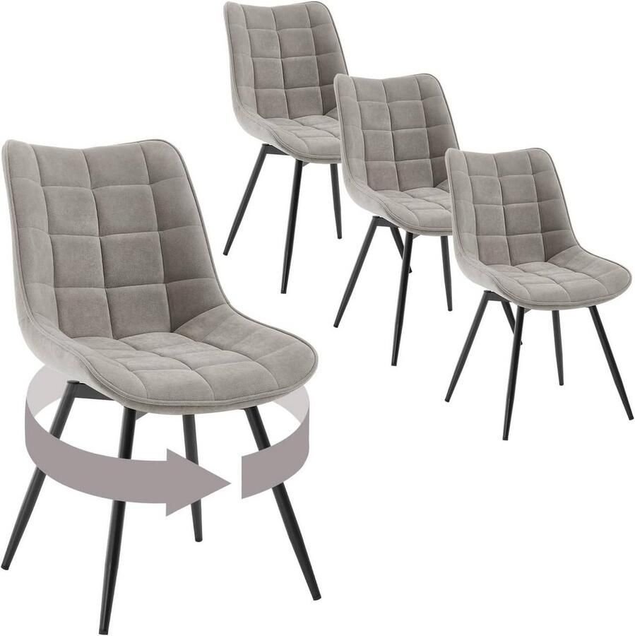 Warraich set van 4 Draaibare Eetkamerstoelen – Lichtgrijze Fluwelen Bekleding met Rugleuning en Metalen Poten