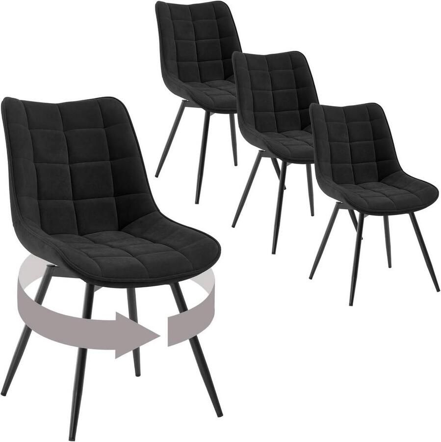 Warraich Set van 4 Draaibare Eetkamerstoelen – Zwart Fluweel met Rugleuning en Metalen Poten
