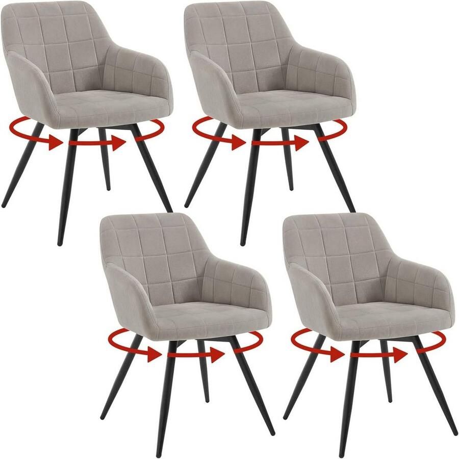 Warraich Set van 4 Draaibare Ergonomische Eetkamerstoelen – Lichtgrijs Fluweel met Metalen Poten