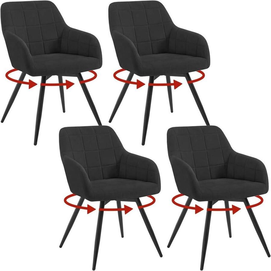 Warraich Set van 4 Draaibare Ergonomische Eetkamerstoelen – Zwart Fluweel met Metalen Poten