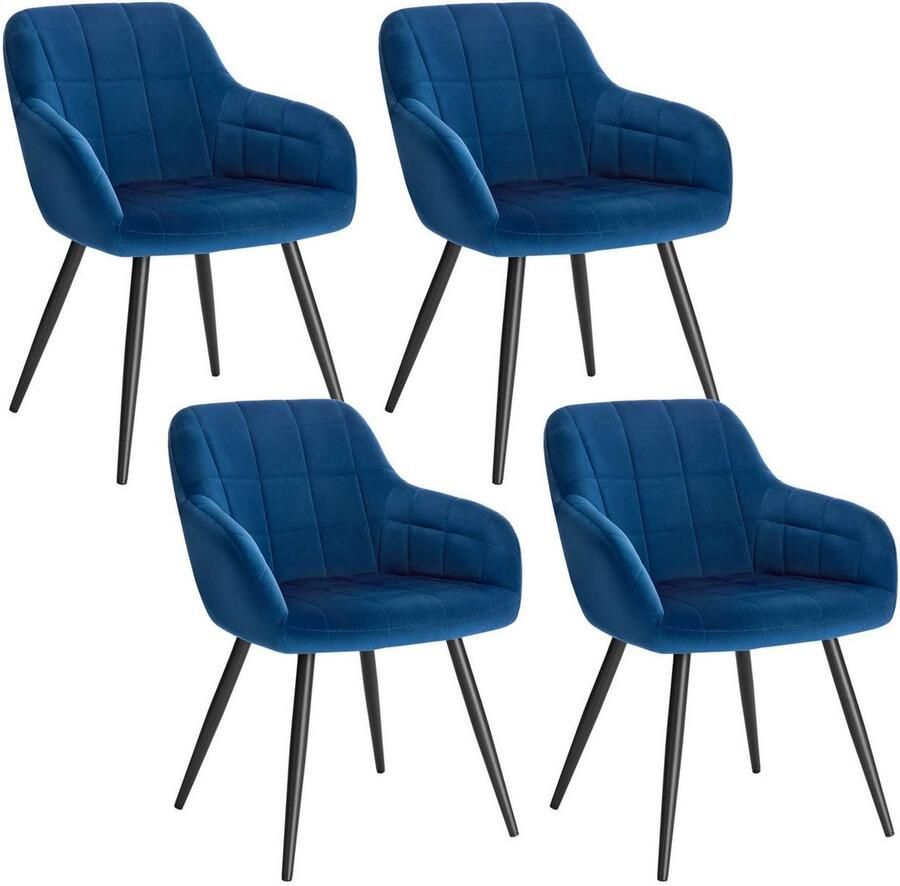 Warraich Set van 4 Eetkamerstoelen – Blauw Fluweel met Armleuningen & Metalen Frame