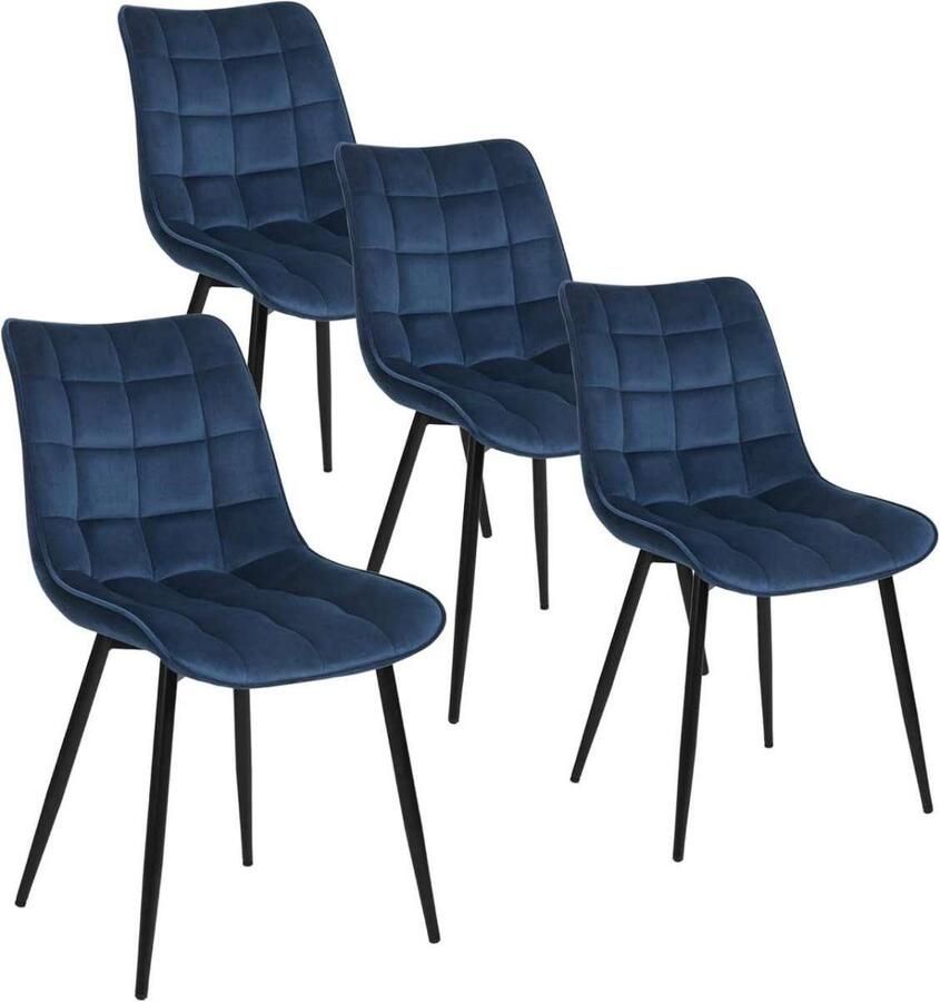 Warraich Set van 4 Eetkamerstoelen – Blauwe Fluwelen Zitting met Rugleuning & Metalen Poten