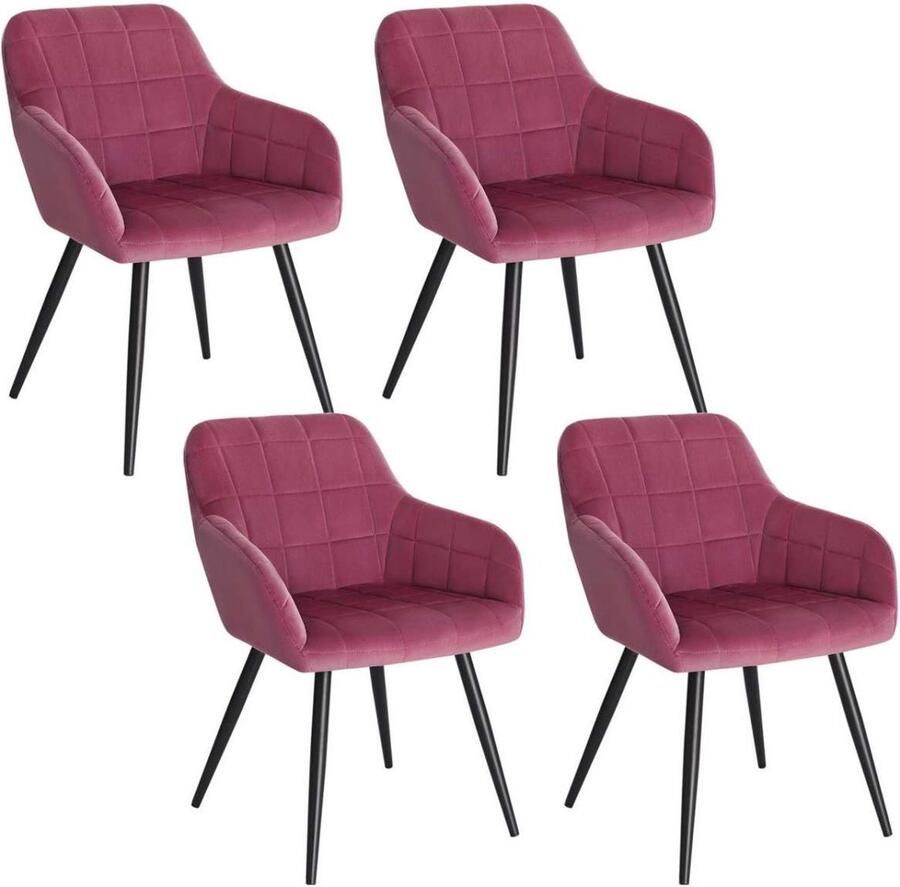 Warraich Set van 4 Eetkamerstoelen – Bordeaux Fluweel met Armleuningen & Metalen Frame
