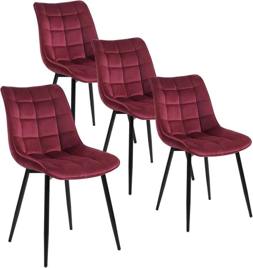 Warraich Set van 4 Eetkamerstoelen – Bordeaux Fluwelen Zitting met Rugleuning & Metalen Poten