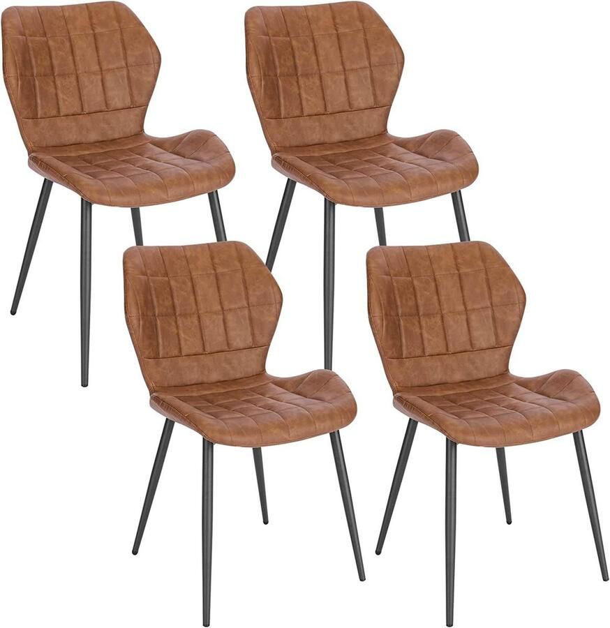 Warraich Set van 4 Eetkamerstoelen – Bruin Kunstleer met Rugleuning en Metalen Poten
