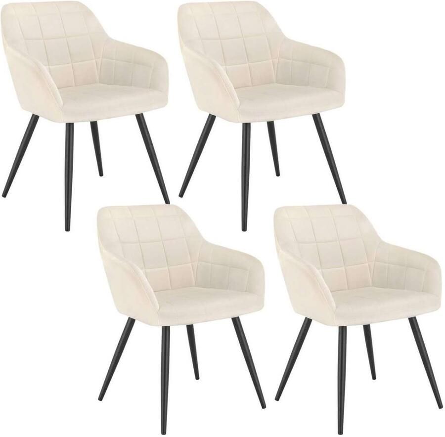 Warraich Set van 4 Eetkamerstoelen – creme wit Fluweel met Armleuningen & Metalen Frame