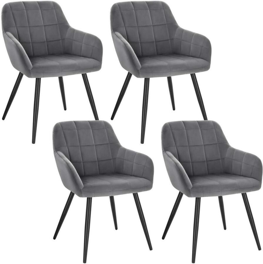 Warraich Set van 4 Eetkamerstoelen – Donkergrijs Fluweel met Armleuningen & Metalen Frame
