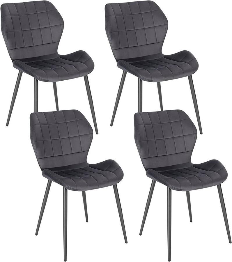 Warraich Set van 4 Eetkamerstoelen – Donkergrijs Fluweel met Rugleuning en Metalen Poten