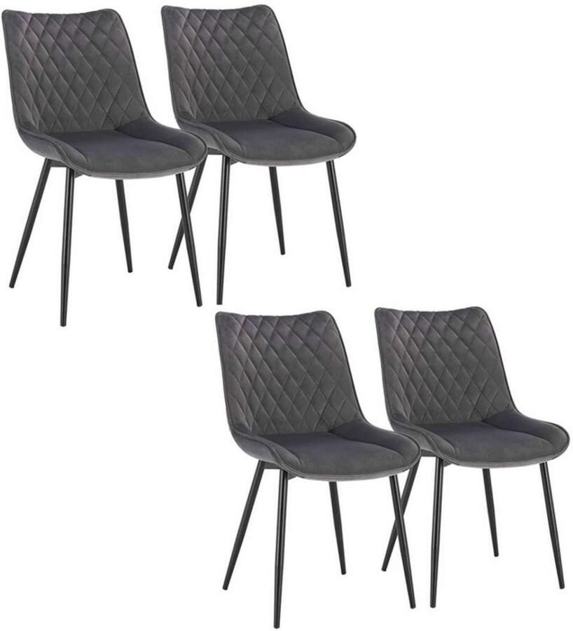 Warraich Set van 4 Eetkamerstoelen – Donkergrijze Fluwelen Zitting & Metalen Frame
