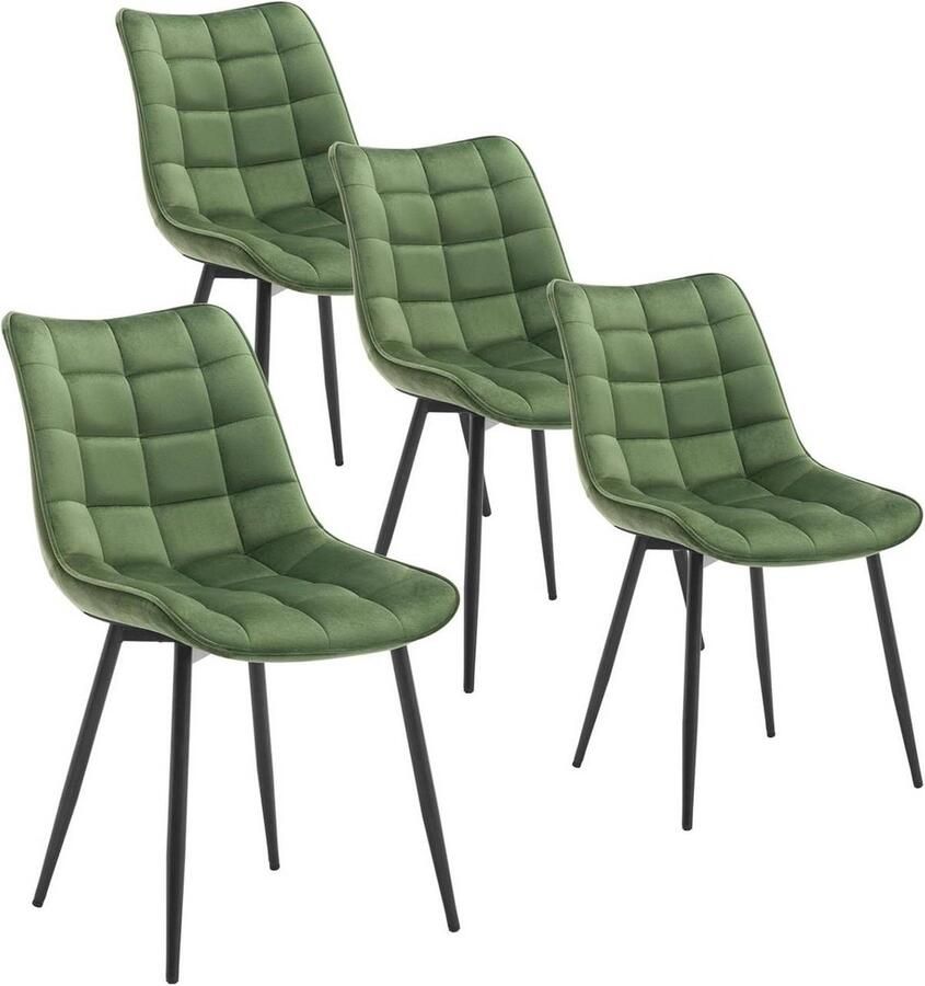Warraich Set van 4 Eetkamerstoelen – Donkergroene Fluwelen Zitting met Rugleuning & Metalen Poten