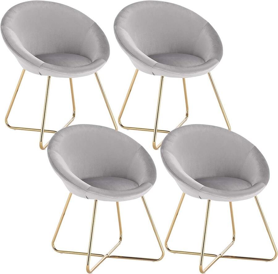 Warraich Set van 4 eetkamerstoelen – fluwelen zitting lichtgrijs met gekruiste vergulde metalen poten