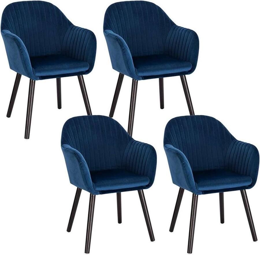 Warraich Set van 4 Eetkamerstoelen – Fluwelen Zitting – Met Armleuning – Massief Houten Frame – blauw Poten