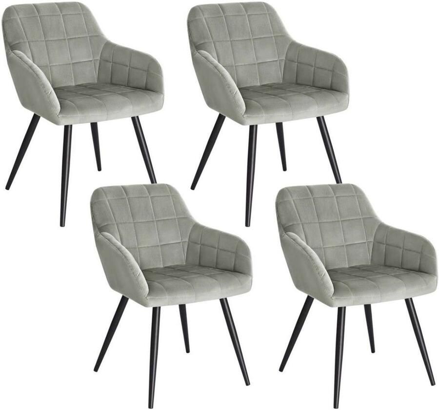 Warraich Set van 4 Eetkamerstoelen – Grijs Fluweel met Armleuningen & Metalen Frame