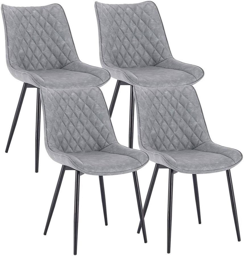 Warraich Set van 4 Eetkamerstoelen – Grijze Imitatieleren Zitting & Metalen Frame