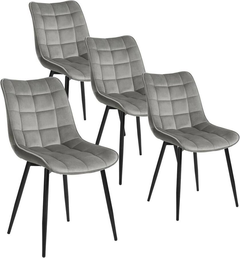 Warraich Set van 4 Eetkamerstoelen – Lichtgrijze Fluwelen Zitting met Rugleuning & Metalen Poten