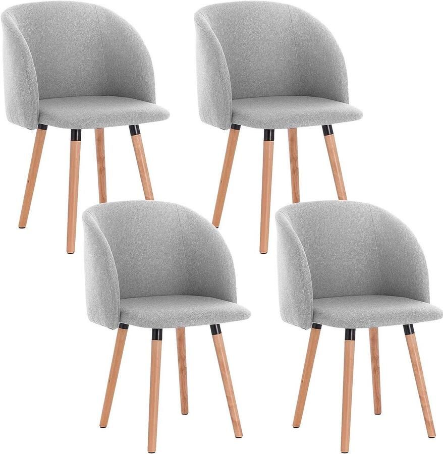 Warraich Set van 4 eetkamerstoelen met armleuning – lichtgrijs linnen en massief houten poten