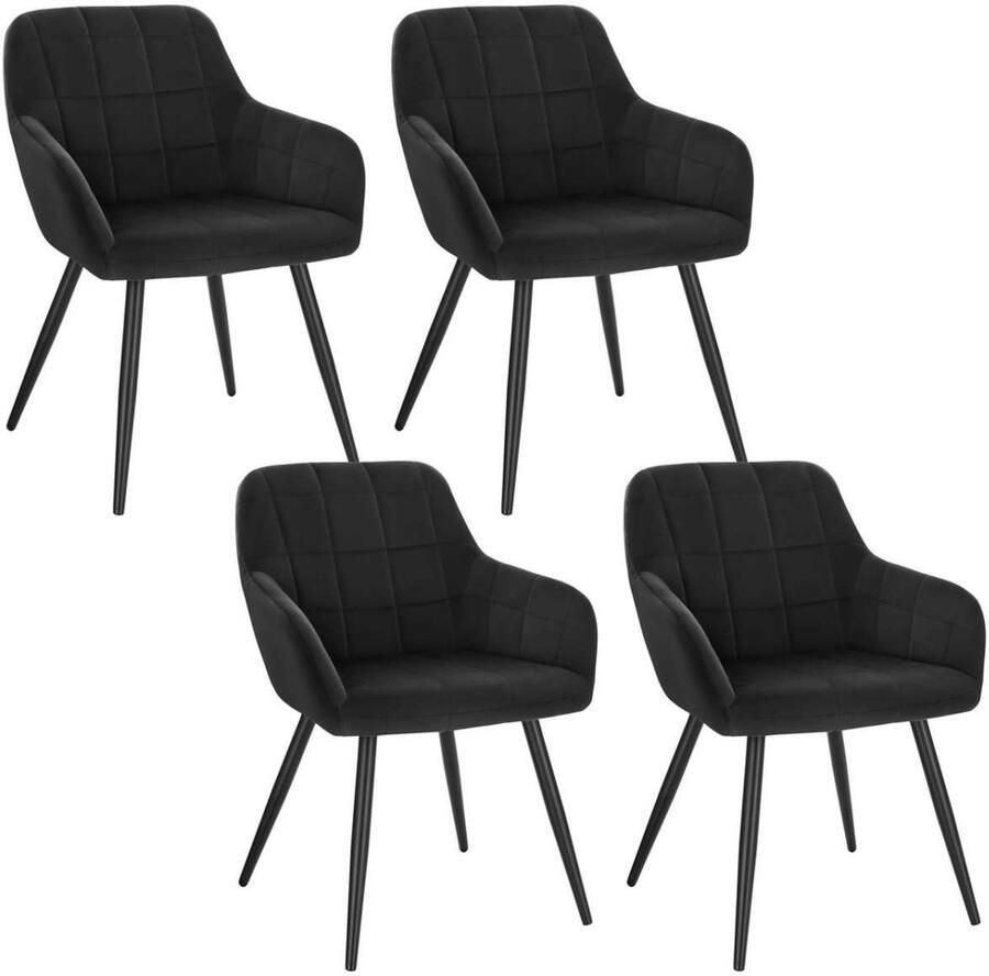 Warraich Set van 4 Eetkamerstoelen – Zwart Fluweel met Armleuningen & Metalen Frame