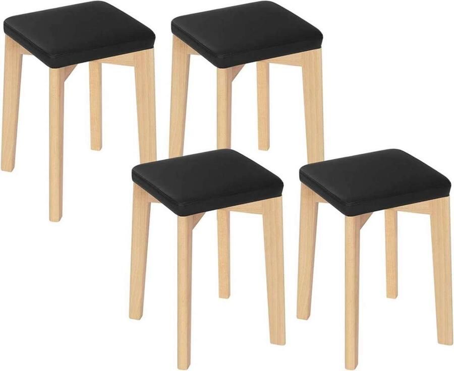 Warraich Set van 4 Massief Houten Eetkamerstoelen – Stapelbaar met PU Zitting en Zwarte Houtnerf