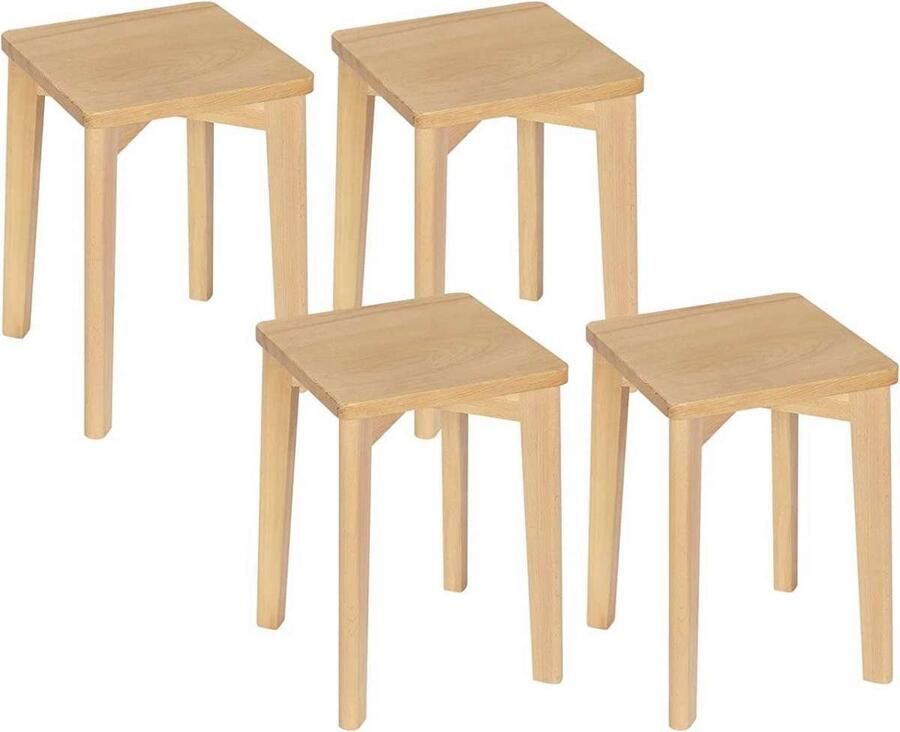 Warraich Set van 4 Massief Houten Krukken – Rechthoekig en Stapelbaar in Natuurlijke Houtkleur