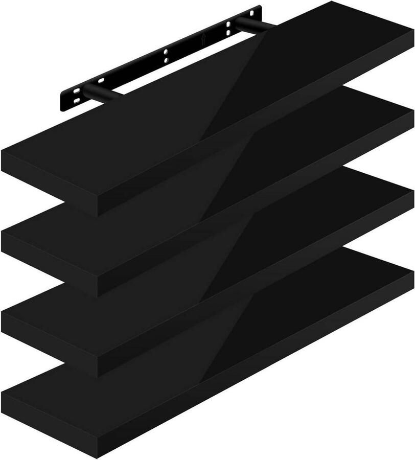 Warraich -Set van 4 Wandplanken – Zwevende Vrijhangende Planken – Gemaakt van Houtmateriaal-Zwart